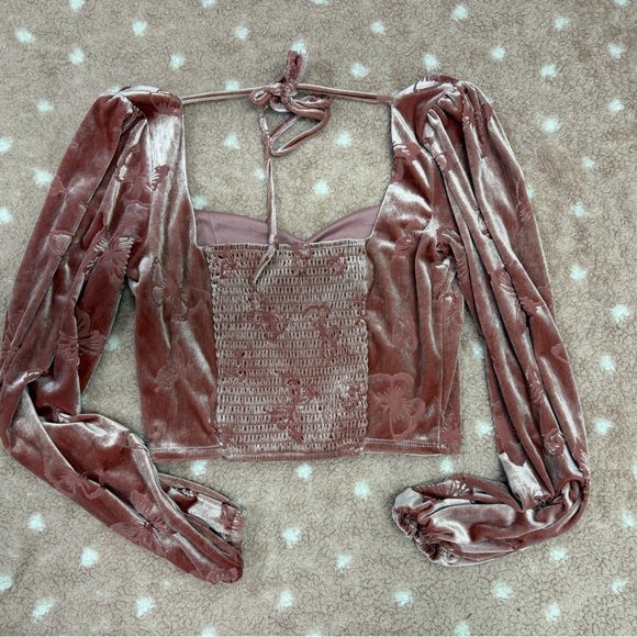 Altar'd State Mauve Velvet Butterfly Tie-Back Long Sleeve Crop Top - Picture 2 of 3